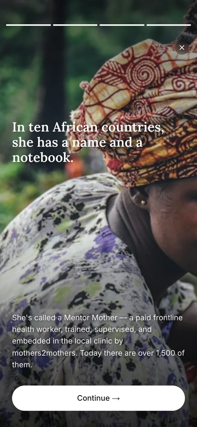 A story screen about Mentor Mothers working in ten African countries