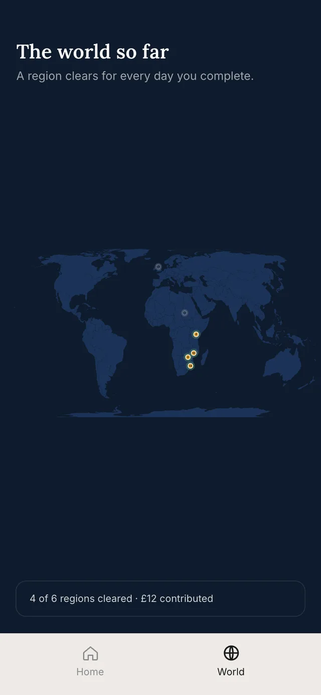 A world map showing four of six regions cleared and £12 contributed